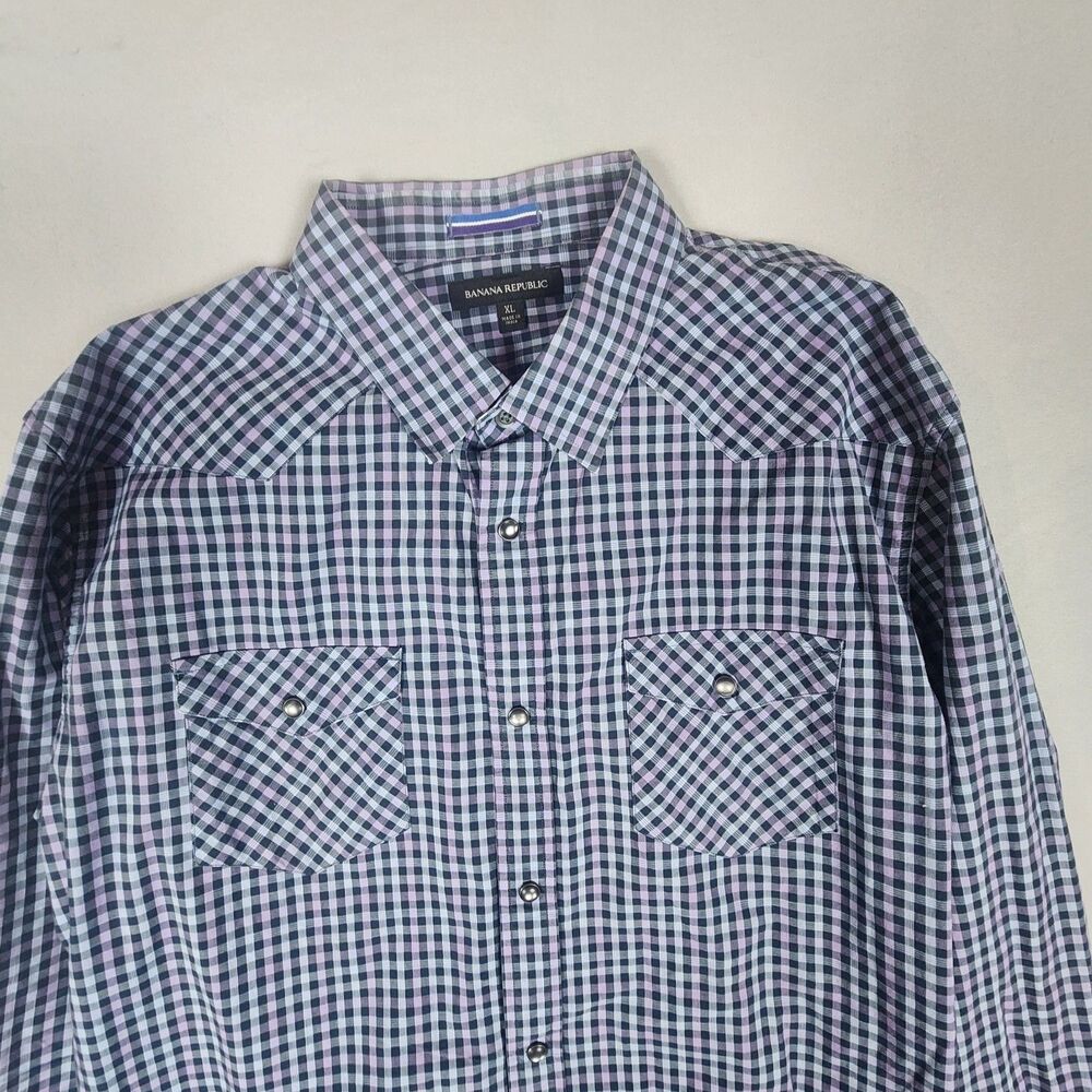 Banana Republic XL Plaid Snap Button Shirt Western Blue Purple Mens XL Stretch - Picture 2 of 8